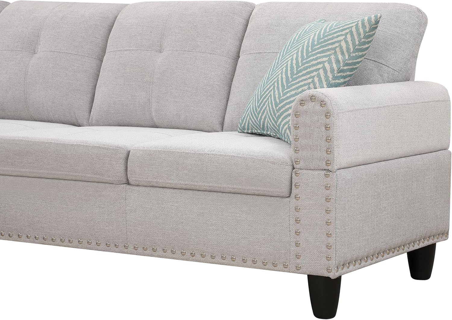 98" Left Hand Facing Sofa & Chaise with Storage Ottoman and Rounded Arms, L-Shaped Upholstered Corner Couch w/Cup Holders & 2 Toss Pillows for Living Room, Office, Apartment, Light Gray