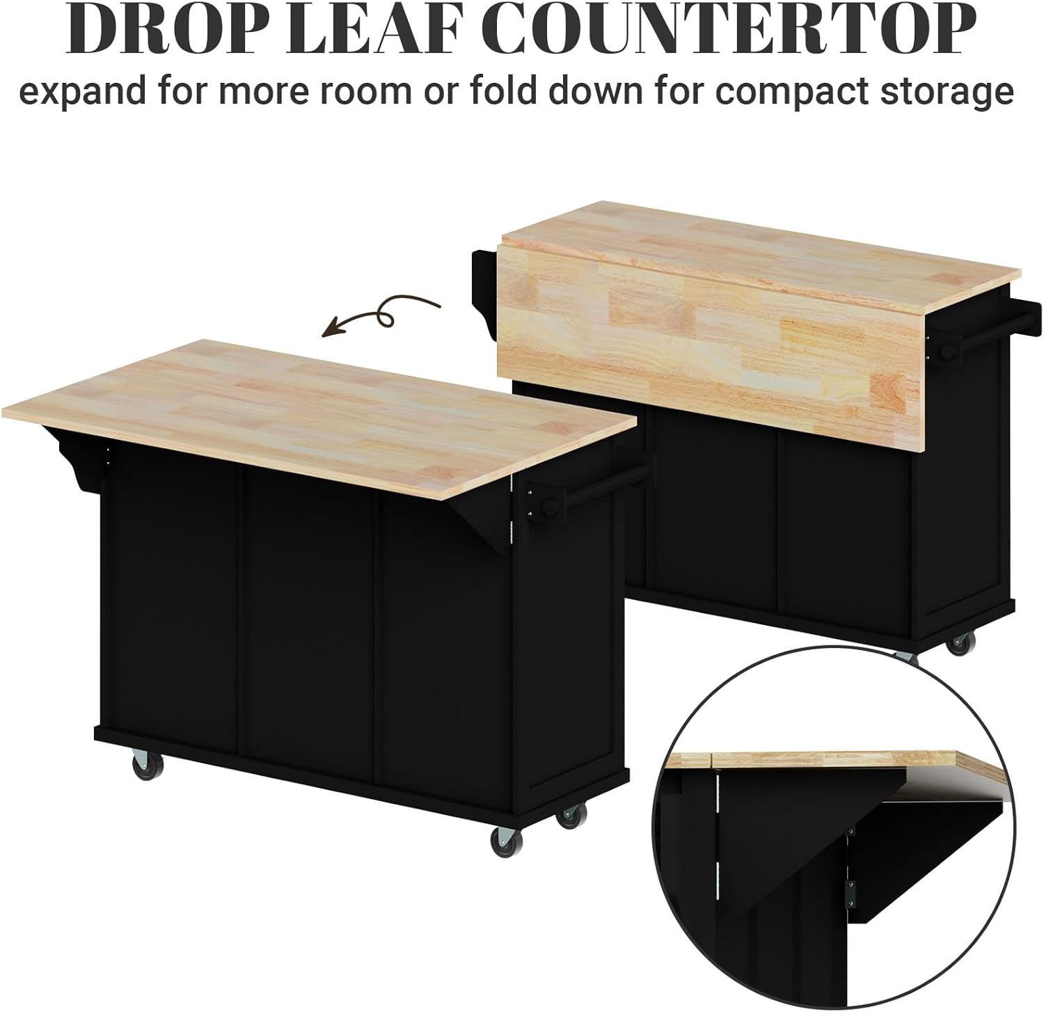 Rolling Kitchen Island with Drop Leaf Rolling Mobile Kitchen Island with Storage 53in Wood Portable Island for Kitchen,with Drawer and Storage Cabinet, Spice Rack, Towel Rack, Black