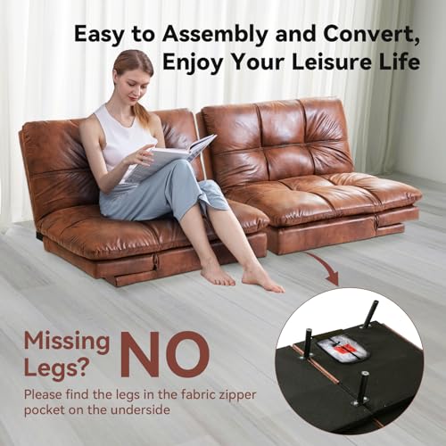 Futon Sofa Bed, Faux Leather Futons, Memory Foam Futon Couch, Convertible Sleeper Sofa, Modern Loveseat Couch Bed for Living Room, Apartment, Office, Dormitory, Brown, Updated Quality