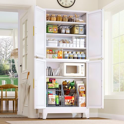 75.2" Tall Metal Pantry Cabinet, Storage Cabinets with 4 Door and 4 Adjustable Shelves, Black Kitchen Pantry Storage Cabinet, Freestanding Cupboard for Kitchen Dining Room Living Room Bathroom