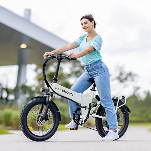 Jasion EB7 2.0 Electric Bike for Adults, 850W Motor 28MPH Max Speed Folding Ebike, 48V 10AH Removable Battery, 20" Fat Tire with Dual Suspension, 7-Speed Electric Bicycles, with 2 Rear Basket