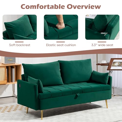 60'' Loveseat Sofa Couch with Storage, Modern Loveseat Couch with 4 Pillows & Metal Legs, 2 Seater Sofa with USB & Type C for Living Room,Bedroom, Apartment(Grey-Blue)
