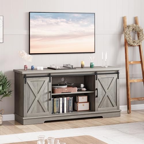 IDEALHOUSE Farmhouse TV Stand for 65 Inch TV, Entertainment Center with Storage and Sliding Barn Doors, Modern Media TV Console TV Stands for Living Room Bedroom (White)