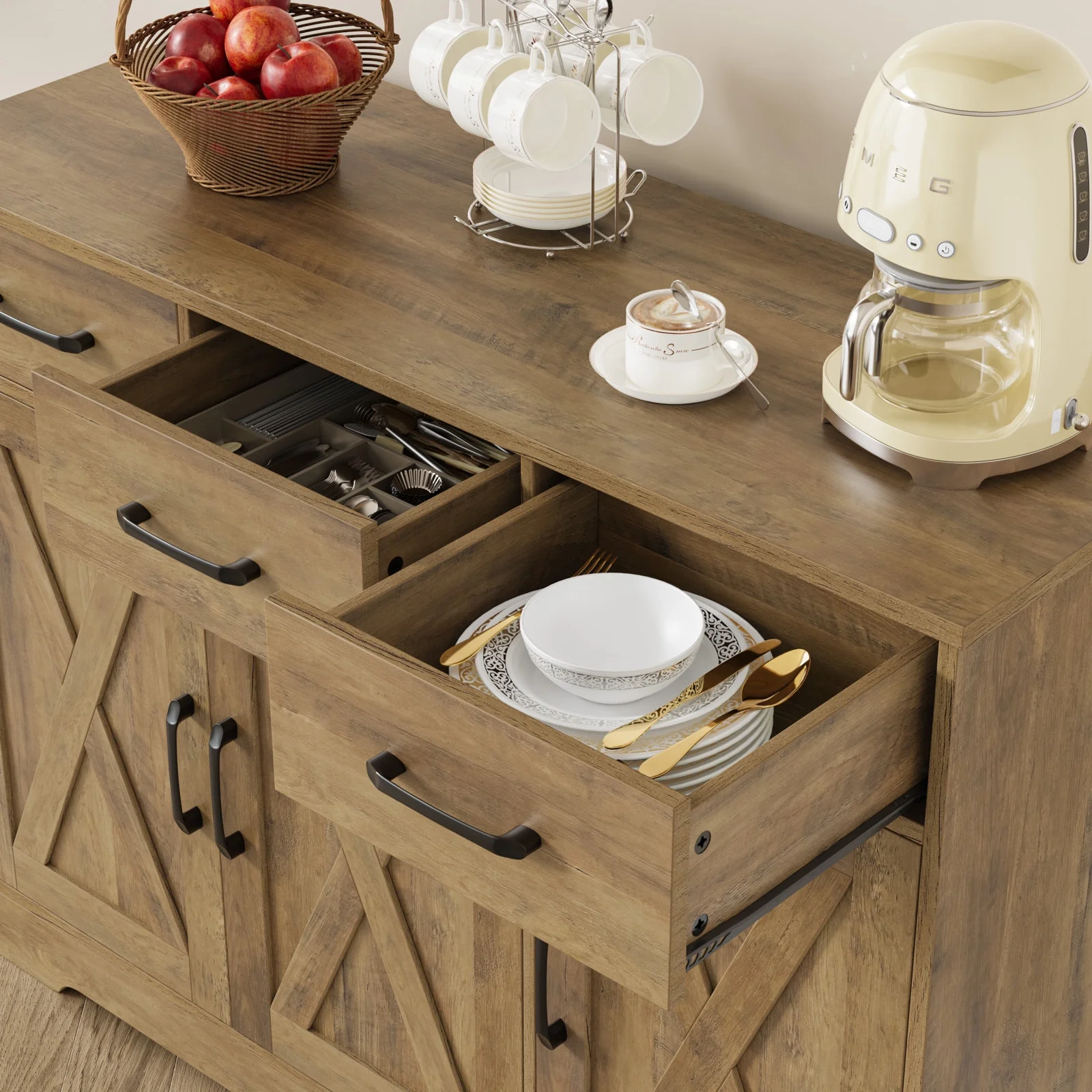 Homfa 42.5’’ Kitchen Buffet Sideboard Cabinet, 3 Drawers Farmhouse Storage Cabinet with Adjustable Shelf, Rustic Brown