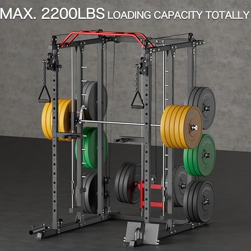 Fitness Deep Squat Machine with Cable Crossover System and Multi-Function Squat Rack Power Cage for Home Gym.