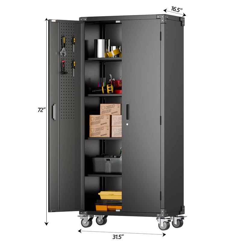Aobabo Garage Storage Cabinet with Wheels,72" H Metal Storage Cabinet with 2 Doors and 4 Adjustable Shelves for Garage Home, Black,Required-Assembly