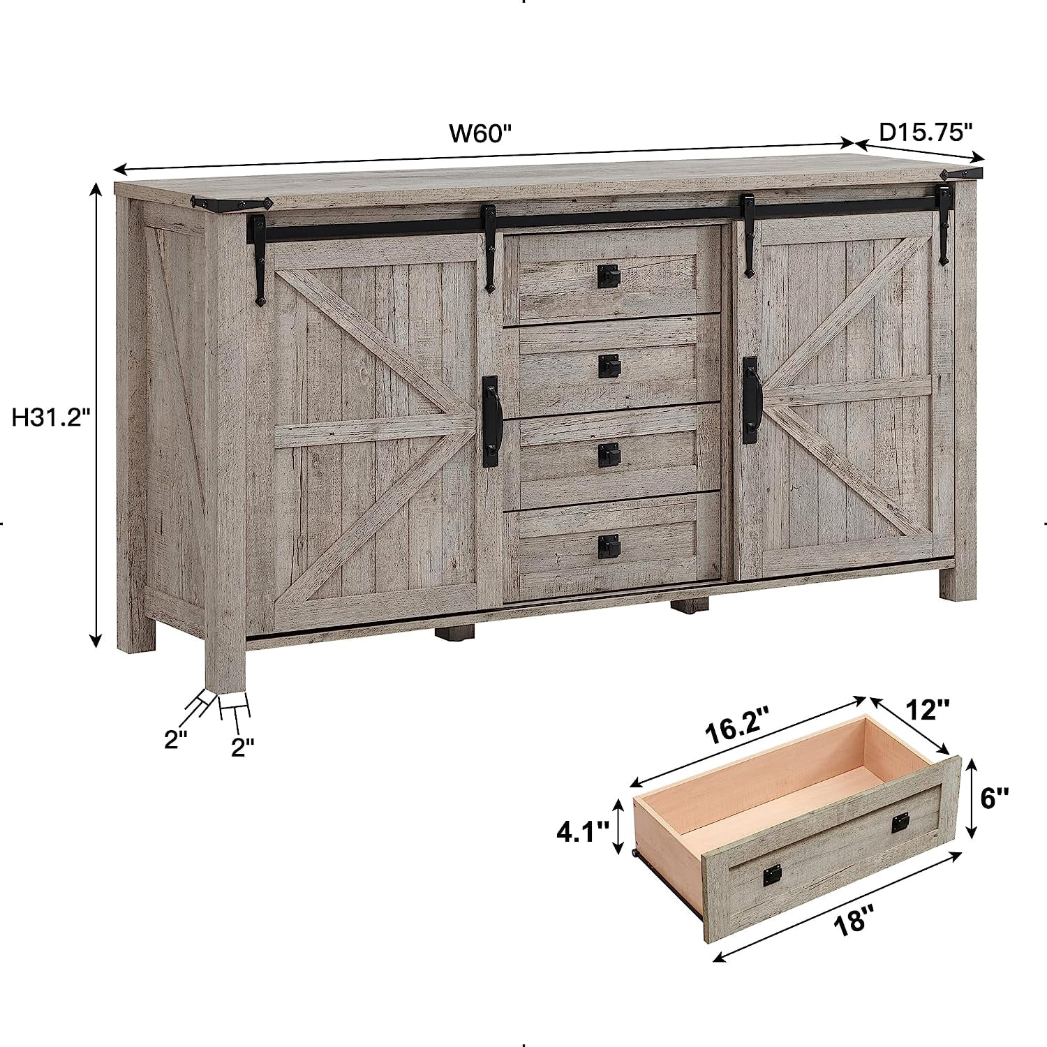 OKD 60" Farmhouse Dresser Chests for Bedroom with 4 Drawers & Sliding Barn Doors, Rustic Dresser TV Stand, Light Rustic Oak