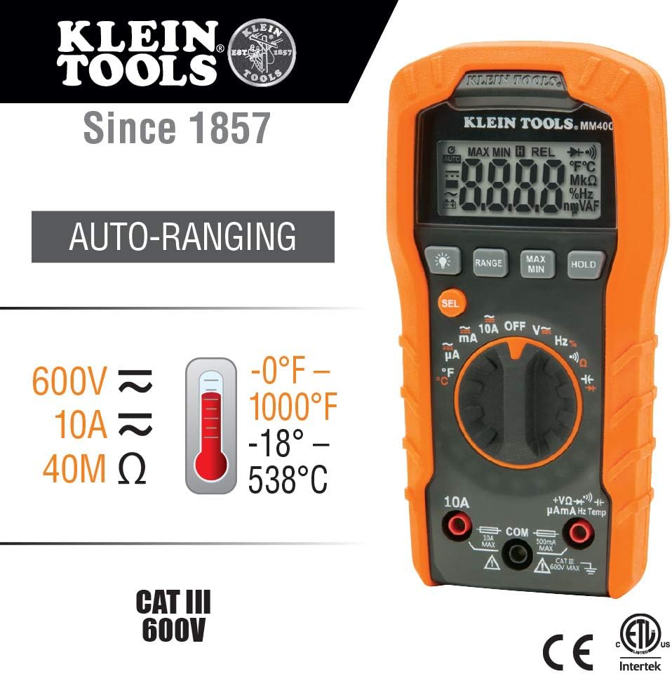 Klein Tools Digital Multimeter, Auto-Ranging, 600V MM400 Pack of 2