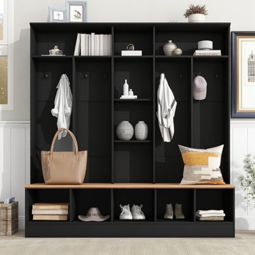 Wide Hall Tree with Shoe Storage Bench, Minimalist Entryway Bench with Coat Rack, Cube Storage and Shelves, Multifunctional Mudroom Bench with Storage and 8 Hooks for Entryway, Hallway (White)