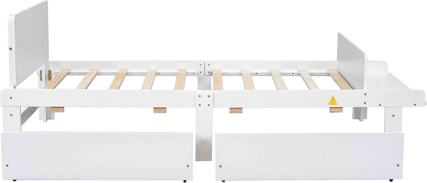 Bellemave Twin Size Platform Bed with Footboard Bench, Low Platform Bed Frame with Storage Drawers for Kids Boys Girls,Solid Wood Twin Bed Frame (Twin,White)