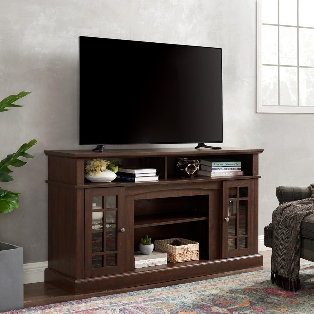 Tv Stand Corner Television Cabinet for Up to 65" with Storage Living Room Entertainment Center Console Table Brown Classic Mid-Century Modern MDF Veneer Textured