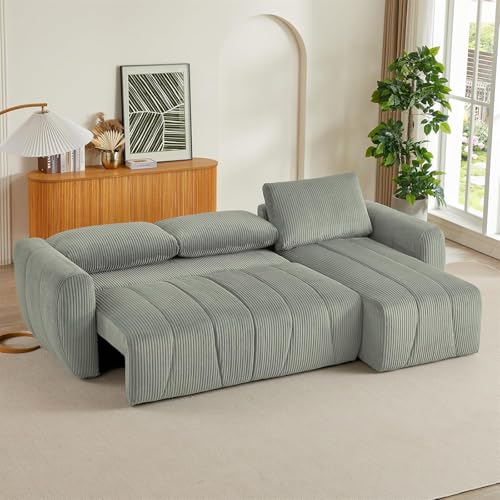 Modular Sectional Sleeper Sofa with Storage, Convertible 3 Seat L Shape Sectional Couch with Reversible Chaise, Modern Upholstered Corduroy Sleeper Couch with Pullout Bed for Living Room (Light Grey)