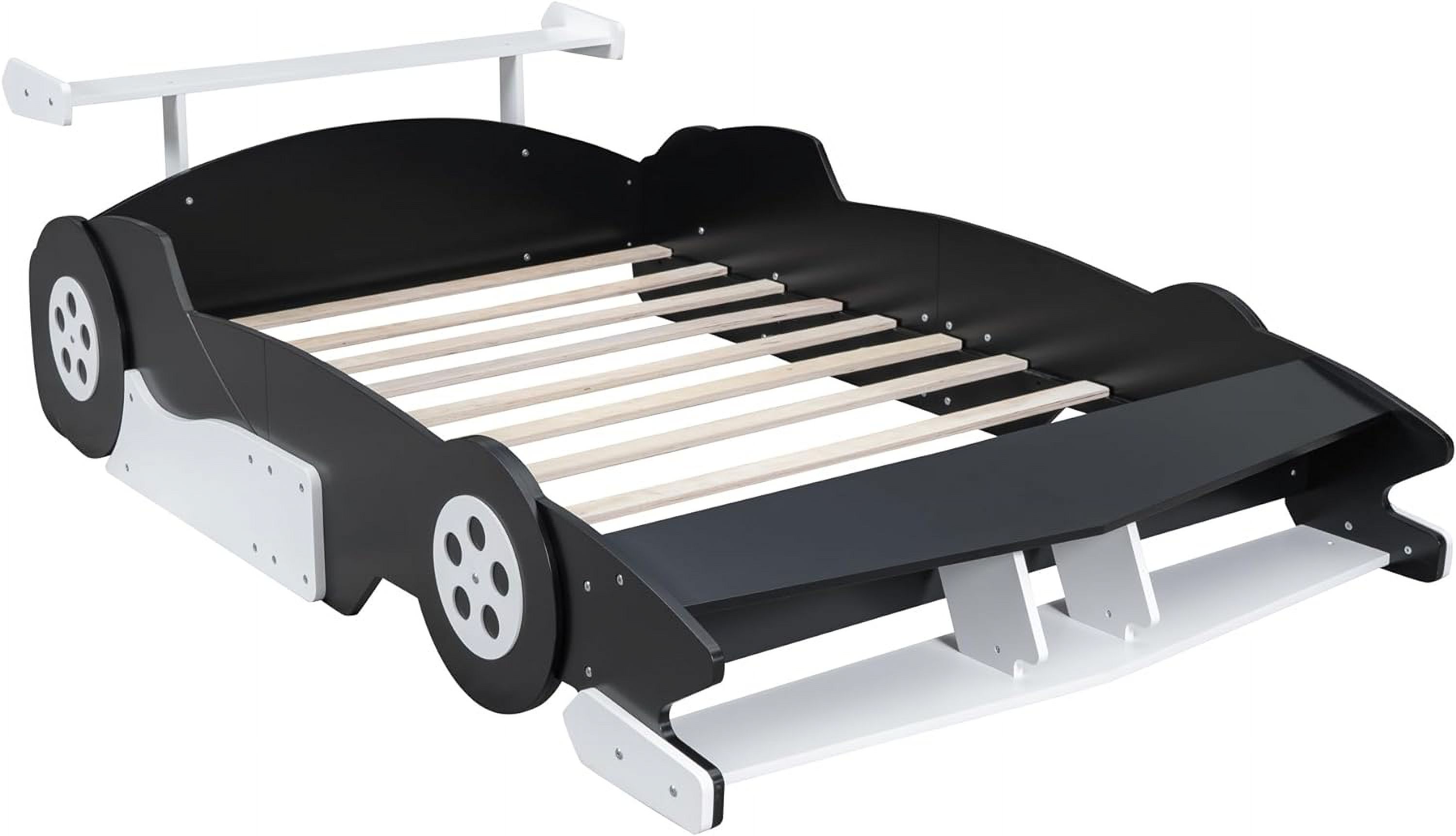 Full Size Race Car Bed With Wheels, Wood Full Size Bed For Kids, Car-Shaped Platform Full Bed With Storage Shelves For Kids,Tees, Boys Girls (Black)