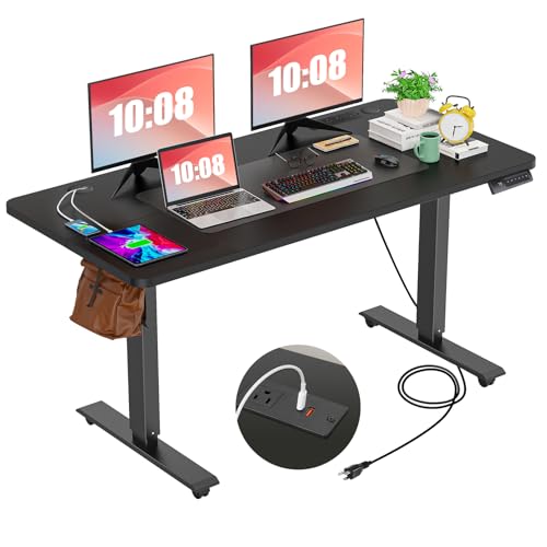 farexon Electric Standing Desk 55 x 24In with Charging Station, Stand up Desk with Oversized Mouse Pad, 2 USB Ports & 3 Power Outlets, 4 Caster, 4 Preset Heights Easy to Set（Brown）