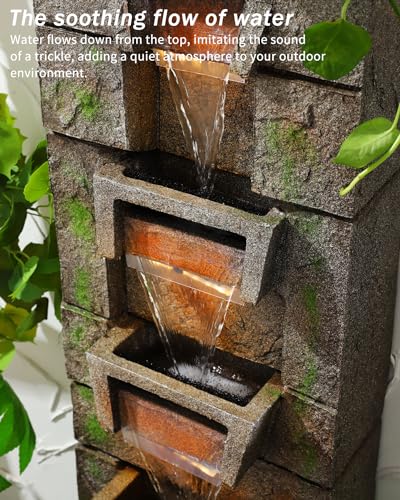 41.1" Water Fountain Outdoor Floor-Standing Garden Fountain Modern Waterfall Fountain with LED Lights 4 Tier Rock Fountain for Porch, Patio, Garden, Backyard
