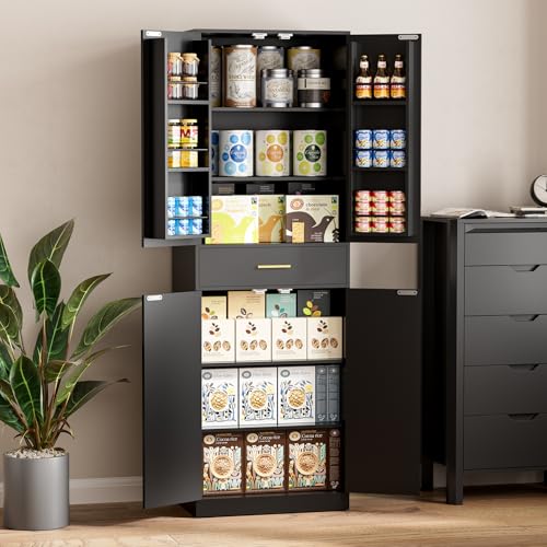 71" Tall Kitchen Pantry Storage Cabinet with 4 Doors & Drawer, Adjustable Shelves, Farmhouse Cupboard, Freestanding Cabinet with Door Shelves for Dining Room/Living Space, Black