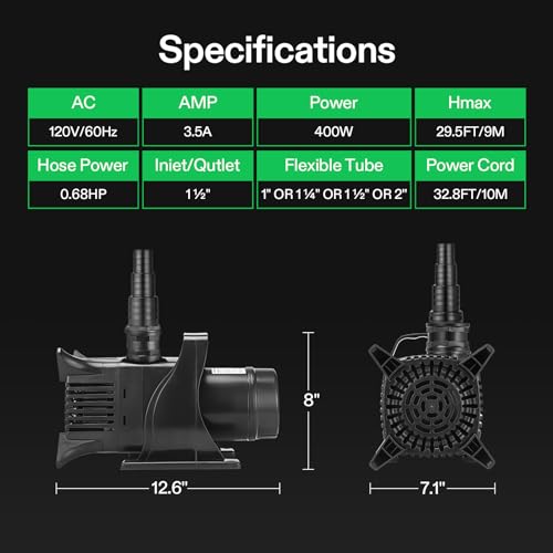 VIVOSUN 5284 GPH Submersible Water Pump, 400W Pond Pump, Ultra Quiet Aquarium Pump with 29.5FT Lift Height for Pond, Waterfall, Fish Tank, Statuary, Hydroponic