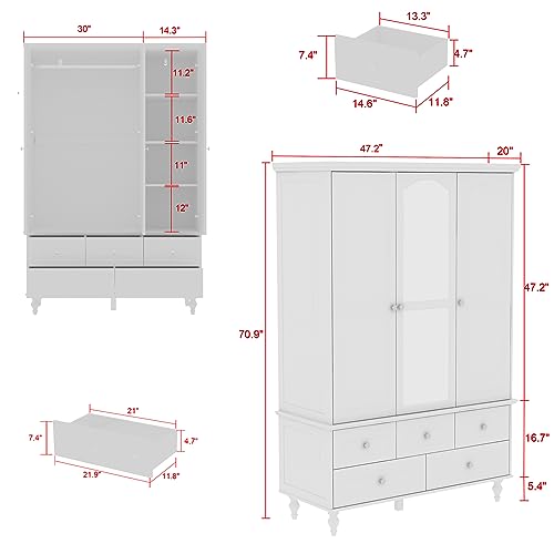 Hitow 3 Door Wardrobe Armoire Closet with Mirror, Retro Wardrobe Cabinet with 5 Drawers & Hanging Rod, Bedroom Armoire Dresser Wardrobe Clothes Organizer, A White (47.2" W x 20" D x 70.9" H)