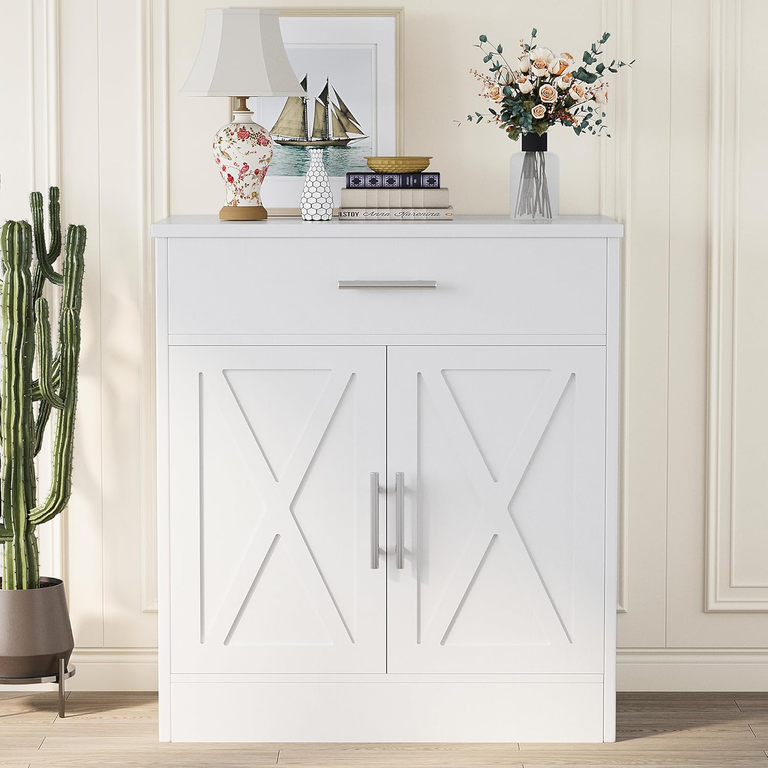 Shintenchi Modern Farmhouse Sideboard Buffet Cabinet with Storage with 2 Doors, Barn Doors Buffet Cabinet with Storage, Wood Coffee Bar Cabinet for Kitchen, Living Room,Ivory White