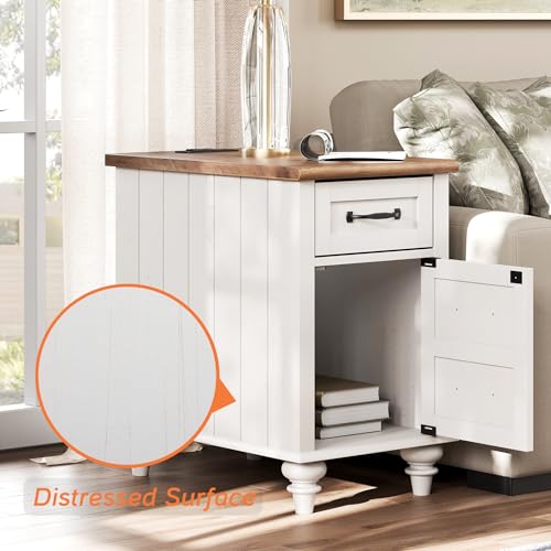 WAMPAT 2 Pack Modern End Table with Charging Station, Side Table with Storage Cabinet for Living Room, Nightstand with Drawer for Bedroom, White/Oak