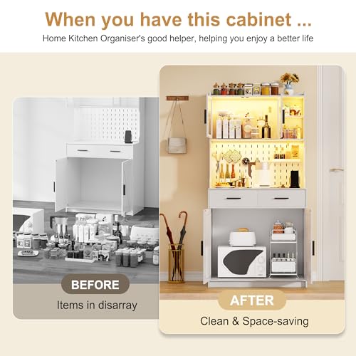 LED Kitchen Pantry Cabinet with Outlets, Farmhouse Storage Cabinet with Drawers & Adjustable Shelves, 64" Cupboard with Pegboard and Hooks for Dining Room (White)