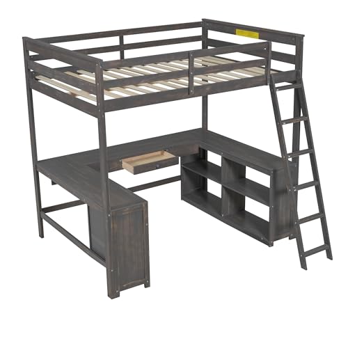 Harper & Bright Designs Full Size Loft Bed with Desk, Bookshelf, Solid Wood Loft Bed Frame with Storage Drawers and Bedside Tray, Charging Station (White)