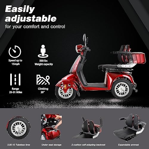 ccko Folding Mobility Electric Scooter 60V 800W Powerful Motor,Mobility Scooters for Adults,4 Wheel Portable Power Travel Scooters,30 Miles Long Range Electric Powered Wheelchair Device (Red)