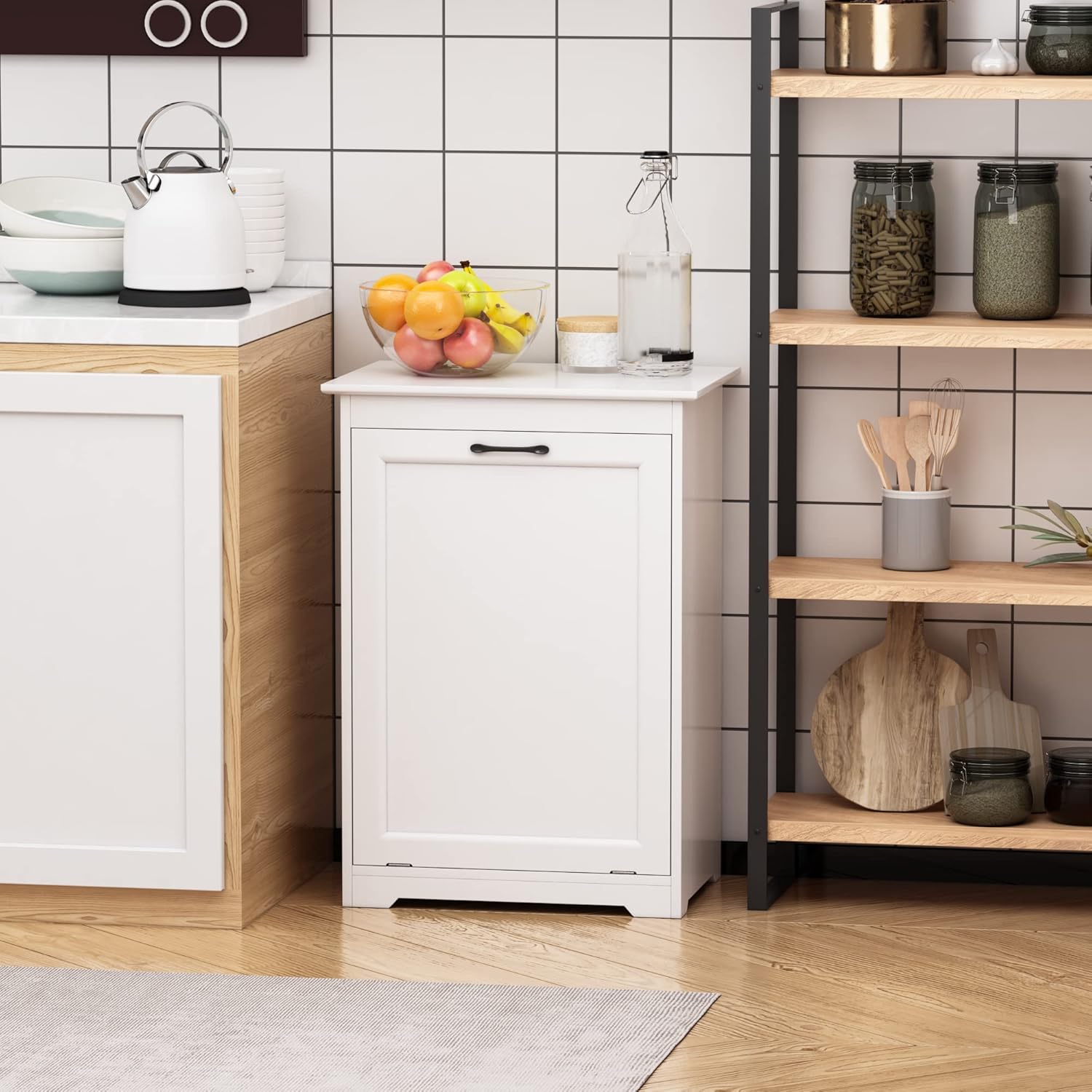 JAXPETY Tilt Out Trash Cabinet Kitchen Trash Can Holder Wood Laundry Hamper Recycling Trash Cabinet with Angle Adjustable Door, White