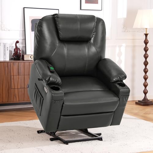 MCombo Power Lift Recliner Chair for Elderly, Lift Chair with Heat and Massage, FSC Certified, USB Ports, Cup Holders, Faux Leather 7040 (Black, Medium)