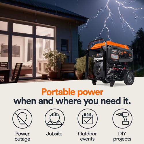 Generac 8,000-Watt Gas-Powered Portable Generator - Electric Start with COsense - PowerRush Advanced Technology - Reliable Power for Emergencies, Recreation, Home - 49 State Compliant - Orange/Black