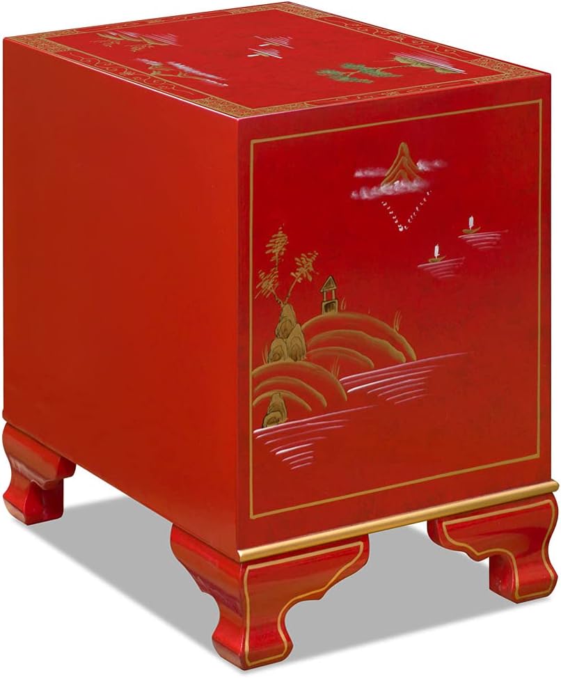 ChinaFurnitureOnline Hand Painted Red Chinoiseries Scenery Motif Oriental Accent Cabinet