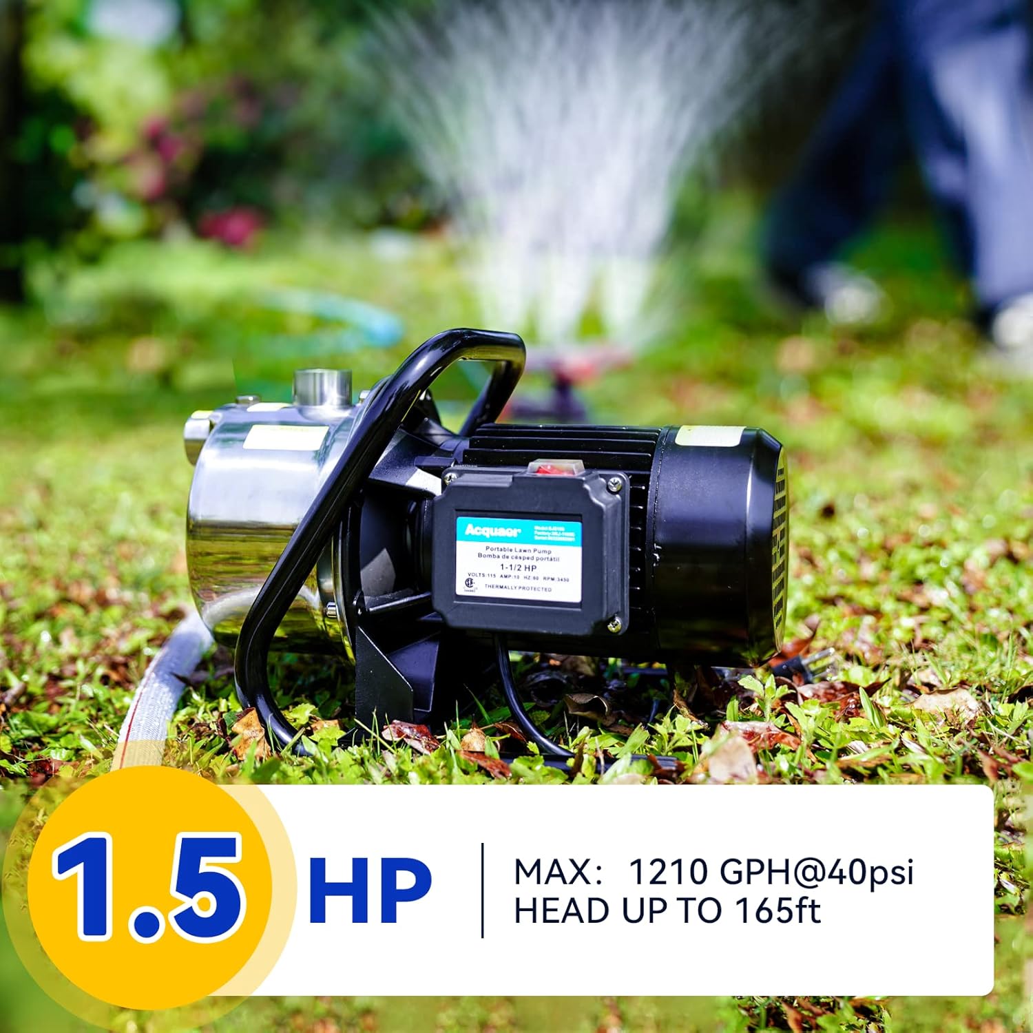 Acquaer 1.5HP Portable Shallow Well Pump Garden Pump, Stainless Steel, 1210GPH, 115V Sprinkler Pump Water Transfer Draining Irrigation Pump for Water Removal/Lawn Garden