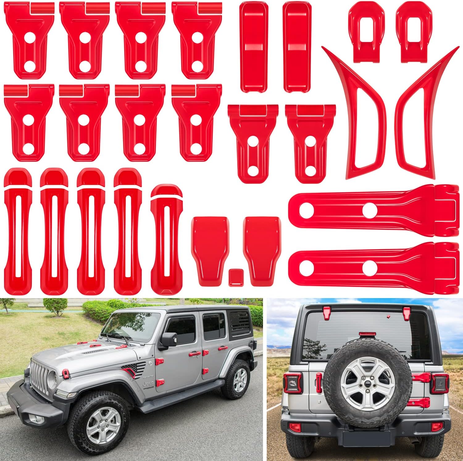 26PCS Full Set Exterior Decoration Trim Kit for Jeep Wrangler JL JLU 2018-2022 Door Hinge Handle Engine Hood Hinge Hood Latch Wheel Eyebrow Side Air Outlet Rear Tailgate Window Hinge Cover (White)
