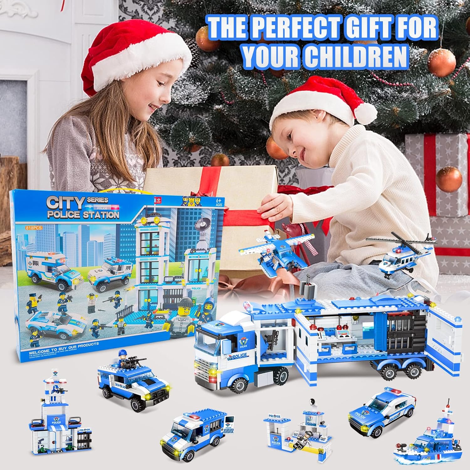 1122 Pieces City Police Station Building Kit & SWAT Mobile Command Center Truck Building Toy with Helicopter, Police Car, Patrol Boat Best Learning and Roleplay Toys Gift for Boys and Girls Age 6-12
