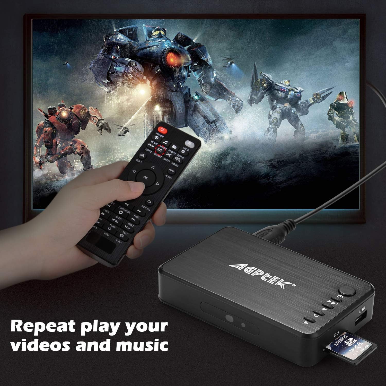 AGPTEK 1080P Media Player Read USB drive/SD card with HD HDMI/AV/VGA Output for RMVB/ MKV /JPEG etc with Remote Control