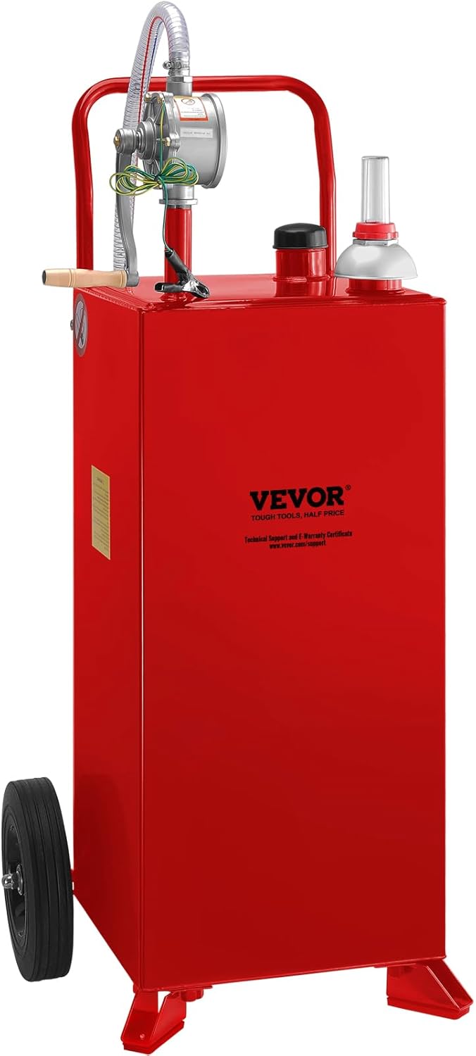 VEVOR 30 Gallon Portable Gas Caddy, Fuel Caddy Fuel Storage Tank with 2 Wheels & Manual Transfer Pump, Gasoline Diesel Fuel Container for Cars, Lawn Mowers, ATVs & Boats, Red