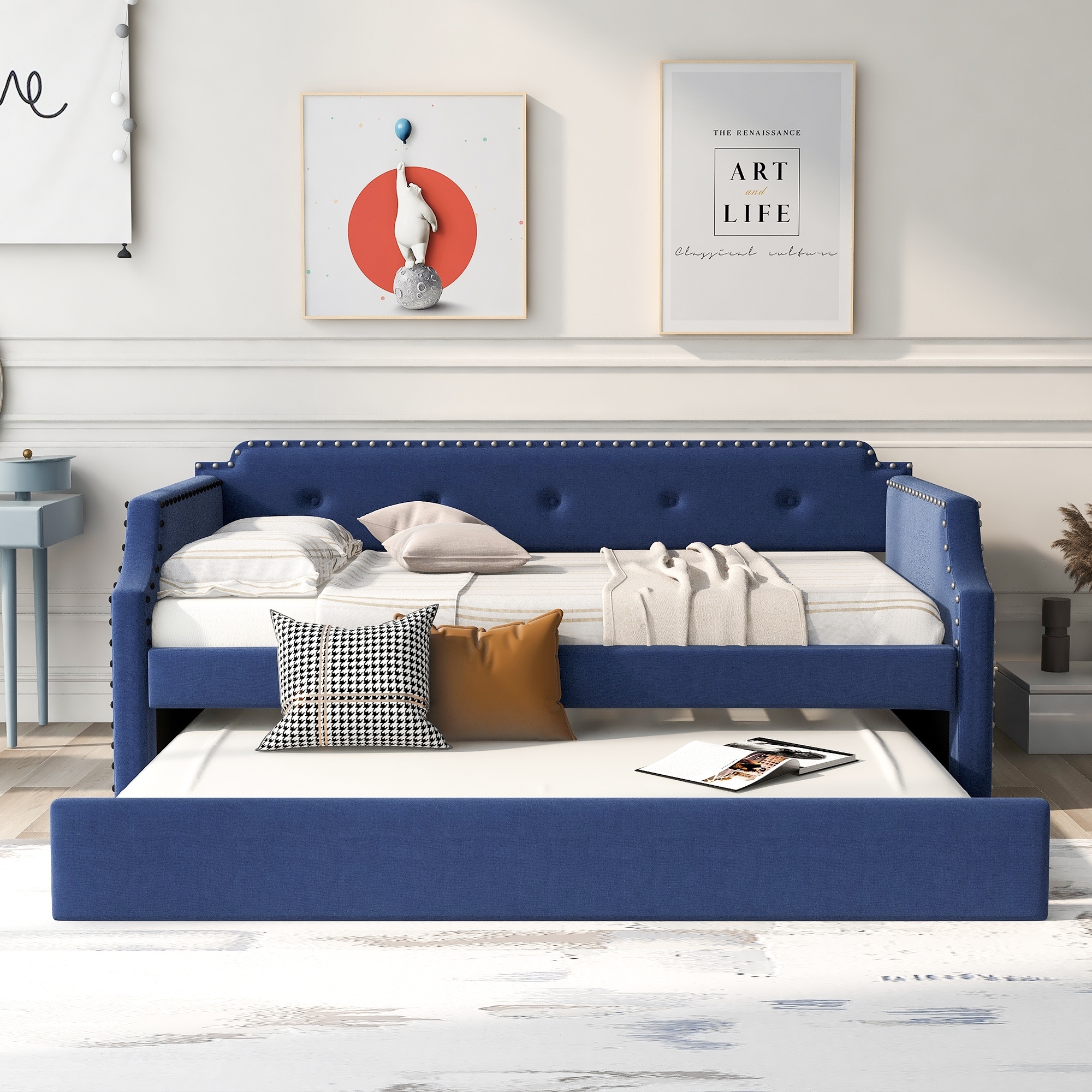 Nestfair  Twin Size Upholstered Daybed with Trundle Blue