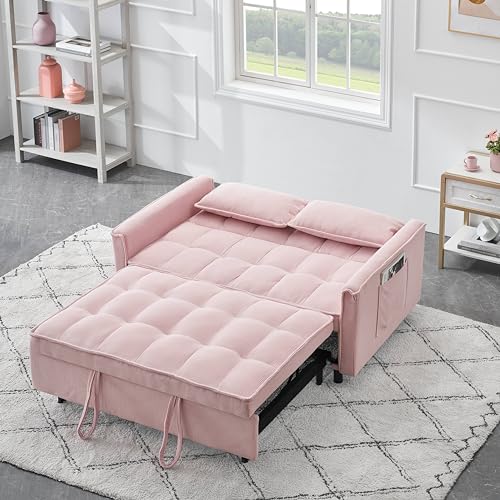 Pull-Out Corduroy Sofa Bed, 3-in-1 Convertible Sleeper Chair Couch Bed, Love seat Chaise Lounge with Side Pockets for Living Room, Bedroom, Office (Beige)