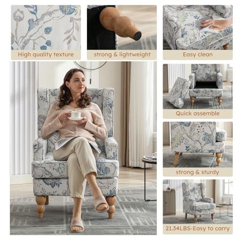 Simore Wingback Living Room Chair,Floral Upholstered Accent Chairs Set of 2,Modern Button Printed Fabric Armchair with Sturdy Wood Legs and High Back for Reading in Bedroom/Home Office/Study, Blue
