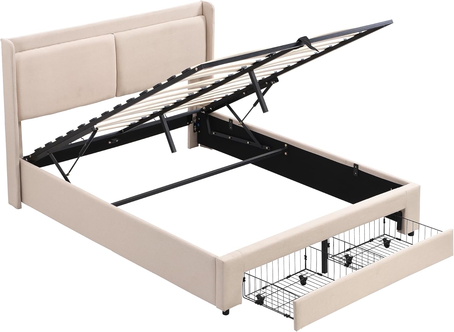 Queen Size Upholstered Hydraulic, Modern Platform Bed Frame with Lift Up Storage Space, 2 Drawers and Wingback Headboard, for Bedroom, Guestroom, Beige