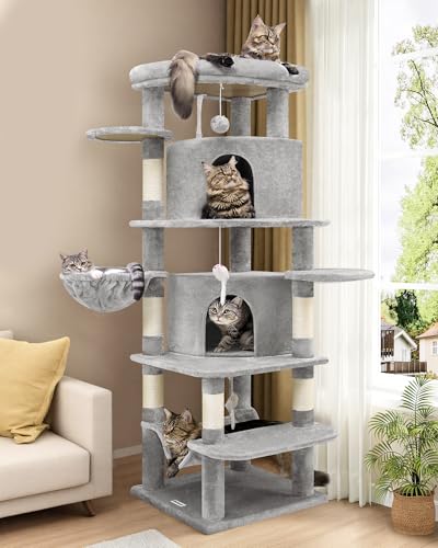 Globlazer Corner Cat Tree for Large Cats, 66inch Tall Curved Series Large Cat Tower for Multiple Indoor Cats with 6 Scratching Posts, 2 Spacious Cat Condos, Hammock, Hanging Basket, C66, Beige