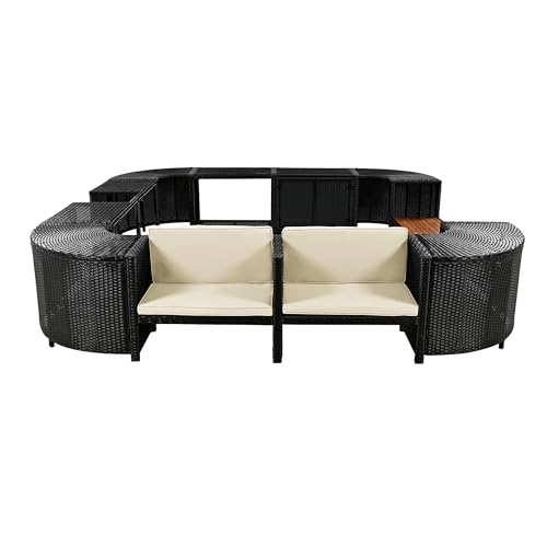 Harper & Bright Designs Spa Surround Spa Frame Quadrilateral Outdoor Rattan Sectional Sofa Set with Mini Sofa,Wooden Seats and Storage Spaces for Free Combination,Cream Beige