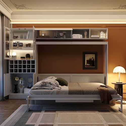 Merax Queen Size Murphy Bed Wall Bed with Sofa, Shelves, USB & Light - Space Saving Foldable Bed for Small Apartments, Grey