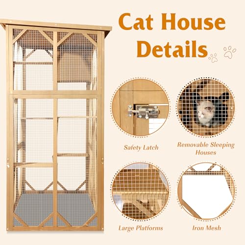 Grepatio Cat Enclosure Large Outdoor Catio Wooden Cat House with Weatherproof, Cat Cage Condo Indoor Playpen with Platform and Small House(Grey)