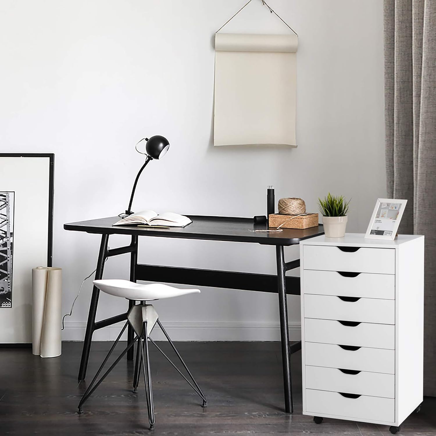 7 Drawers File Cabinet, 34.5”Vertical Filing Cabinet for Home Office, Under Desk Storage Cabinet with Wheels, Mobile Chest of Drawers, Lateral Rolling Printer Stand, White