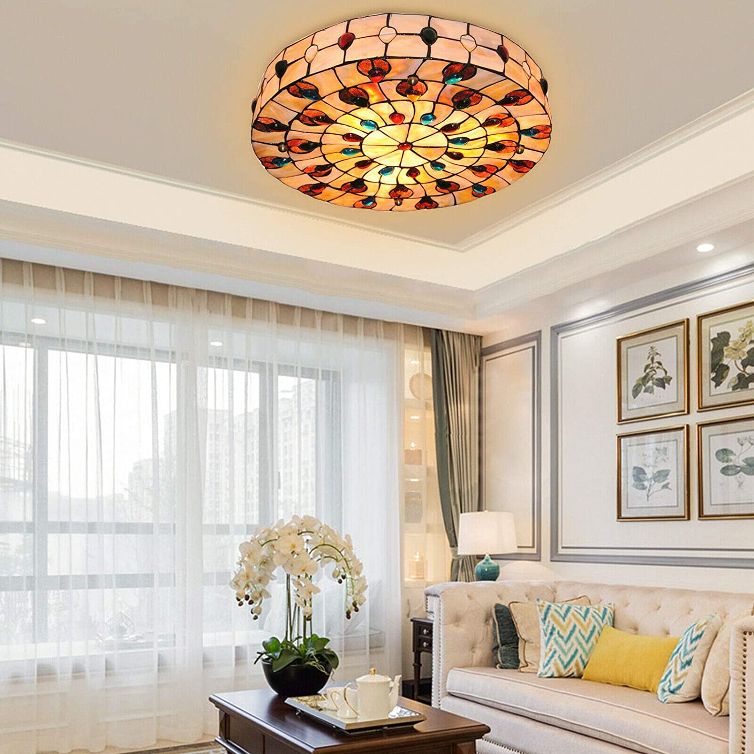 TFCFL Vintage Tiffany Ceiling Light, 20 Inch Flush Mount Stained Glass Hand-Made Art Deco Chandelier Lamp Fixture with Peacock Tail Painting Shade