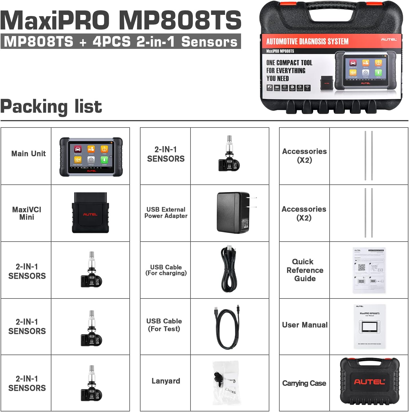 Autel Scanner MaxiPRO MP808TS Pro, [Valued $128] 4PCS 2in1 315/ 433Mhz Sensors, 2022 Newer Model of MP808TS/ MP808, Bi-Directional Diagnostic Scan Tool, TPMS Program/ Relearn/ Retrofit, 30+ Services