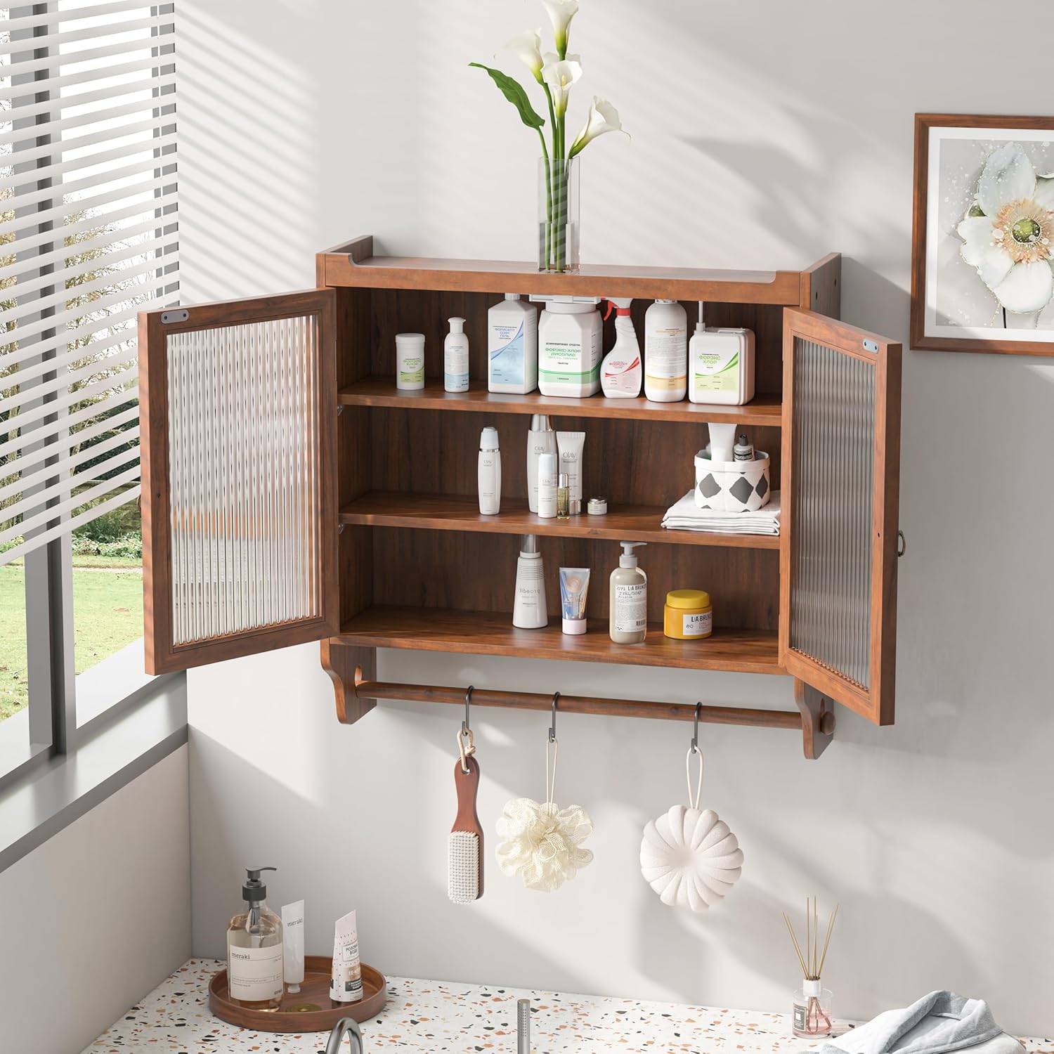 Retro Style Haze Double Glass Door Wood Wall Cabinet with Detachable Shelves for Office, Dining Room,Living Room, Kitchen and Bathroom Brown