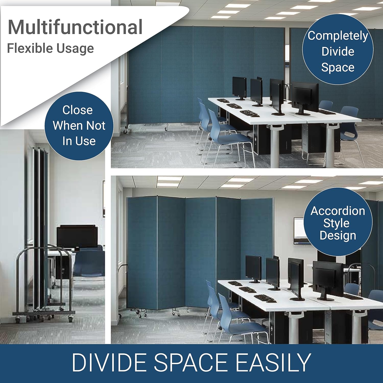 Standard Room Divider with Metal Frame, 5-Panel Folding Portable Partition Privacy Walls for Schools and Offices, 6' H x 9'-5" W - Grey Smoke Fabric