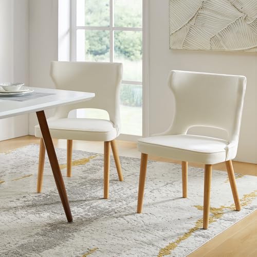 HULALA HOME Dining Chairs Set of 4, Upholstered Fabric Side Chair with Wood Legs High Back, Mid-Century Modern Kitchen Chairs, Curved Back Side Chairs for Dining Room Living Room(Ivory)